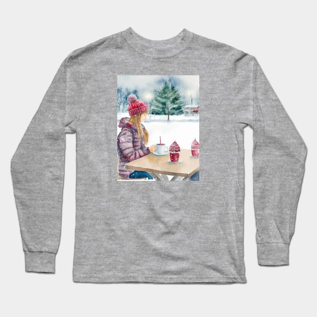 Woman Drinking Coffee in an open-air Cafe, Snowing Christmas Outdoors Long Sleeve T-Shirt by fistikci